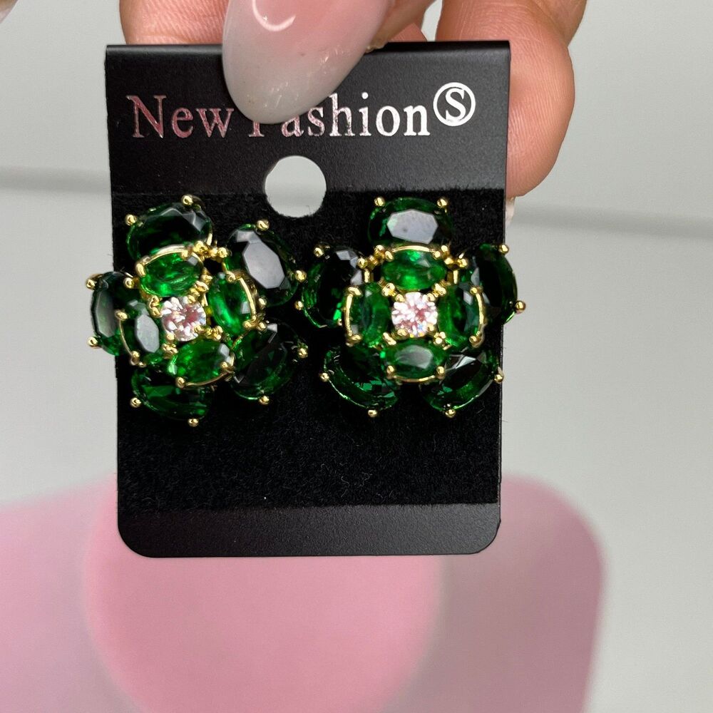 Earrings Emergald Green Floral Rhinestones Women’s jewelry #570